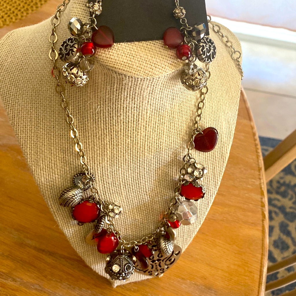 Red And Silver Fashion Necklace W Earrings